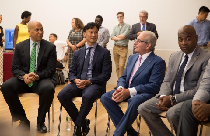 (Left to right) Senator Cory Booker, Altice CEO Dexter Goei, NJIT President Joel Bloom and Newark Mayor Ras Baraka