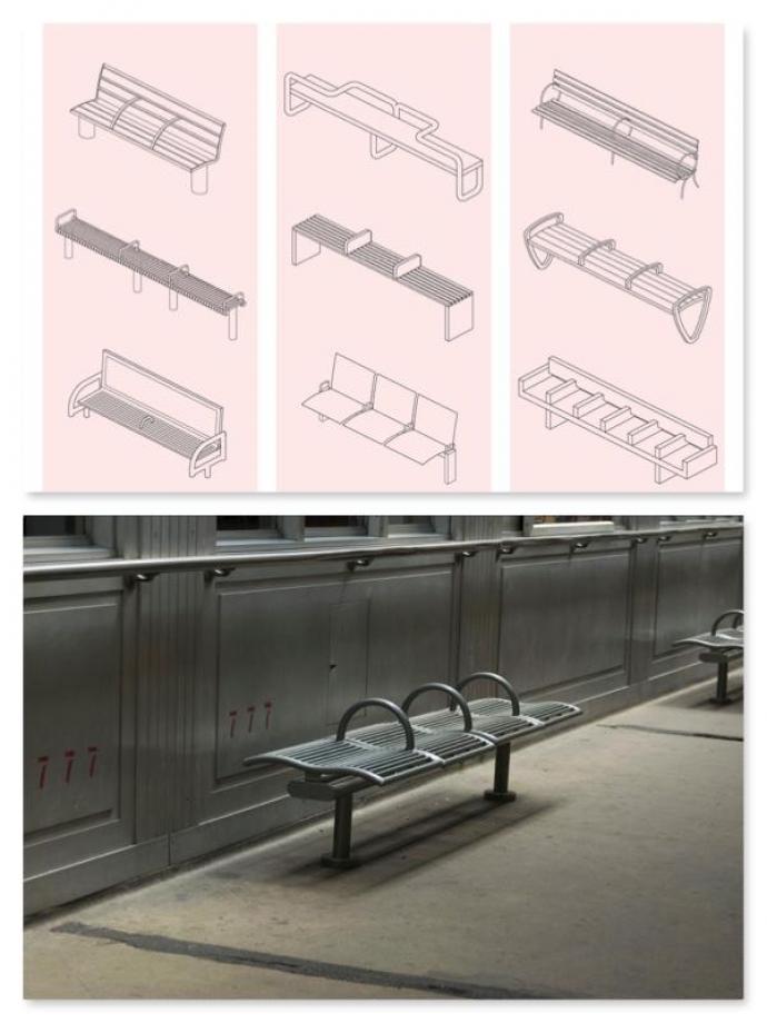 Benches designed with armrests prevent the homeless from sleeping in public places.