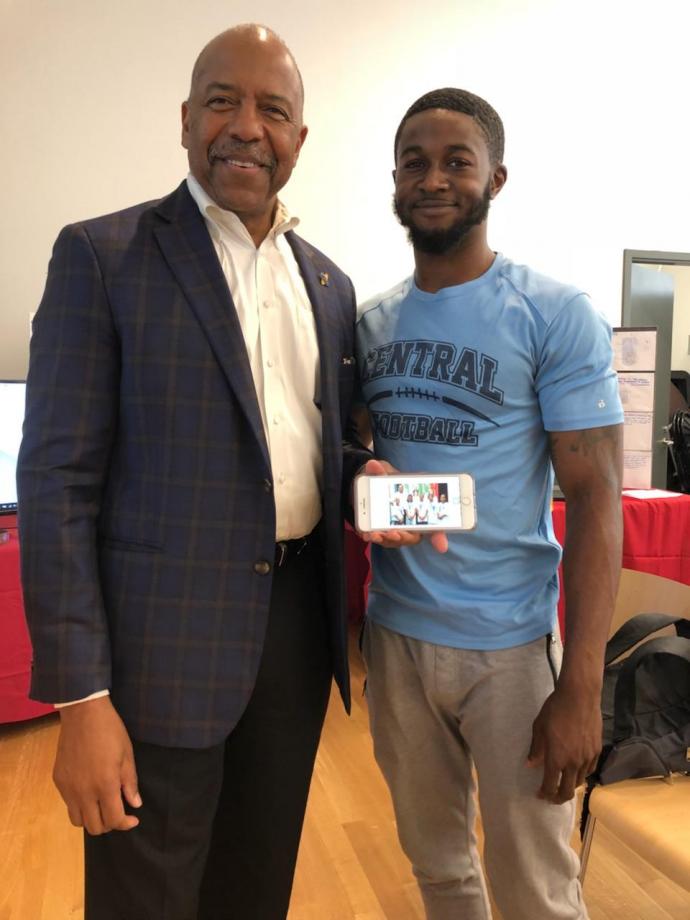 (Top and bottom) NJIT and Pre-College alumnus and former BHSSC camper Damilola Ojoye reconnects with Dr. Bernard Harris.