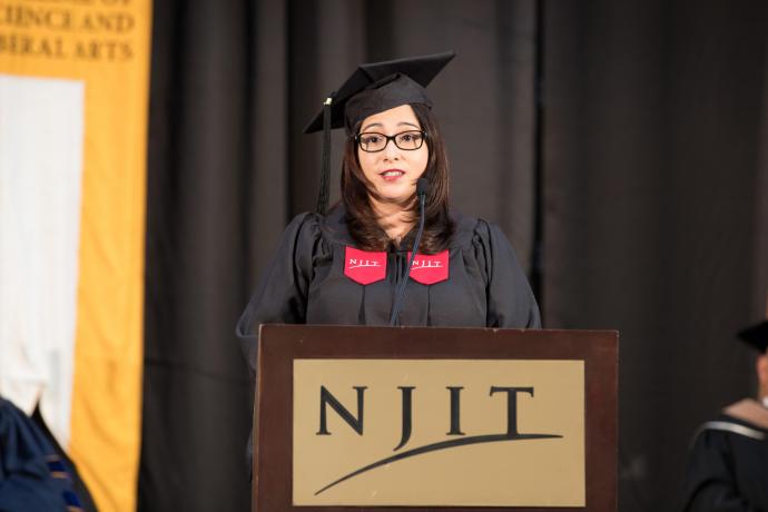 Dr. Elaine Gomez '14, an Advanced Catalysis Researcher at ExxonMobil’s Corporate Strategic Research division, was the keynote speaker at NJIT's 2019 University Convocation