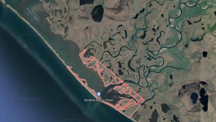 Satellite image of the Kivalina community on a barrier island in Alaska, predicted to be underwater by 2025.
