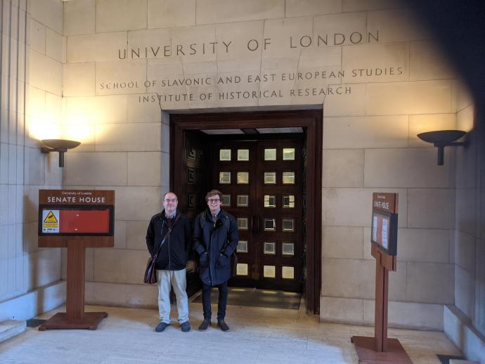 Assistant Professor of Finance Steve Taylor (left) and Pablo Sota '19 at University of London to present the NJIT team's research on Social Security benefit valuation and risk