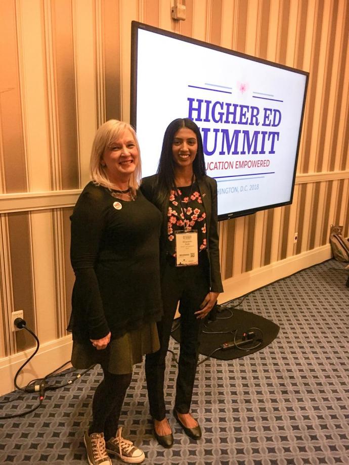 Salesforce invited Senior University Lecturer Melodi Guilbault (left) and MTSM student Shravanthi Budhi to discuss the school's strategy for engaging and educating students in the platform. 