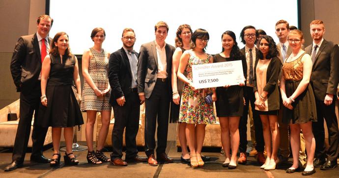 Master of Infrastructure Planning students in Georgeen Theodore’s (second from left) fall 2014 studio take home honorable mention at the Global Schindler Awards in Shenzhen, China. 