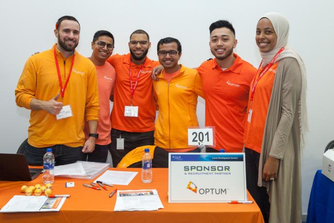 Recruiting for Optum at the Spring 2018 Career Fair were employees and NJIT alumni (from left) Dominick Cirillo, Aakash Parekh, Alexander Henry, Nikhil Virparia, Joseph Restua and Aya Elsekhely.