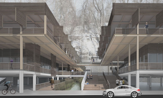 A rendering of a capsized strip mall created by Lara Saleh '14. The placemaking includes oversized stairs with bleacher seating, covered shopping arcades and residential balconies. 