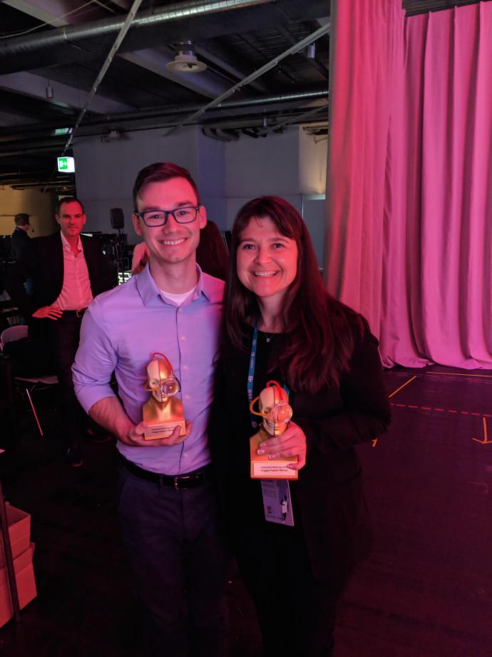 John d'Antonio-Bertagnolli and Tara Alvarez with their Augmented World Expo Europe awards for "most innovative breakthrough" with VERVE
