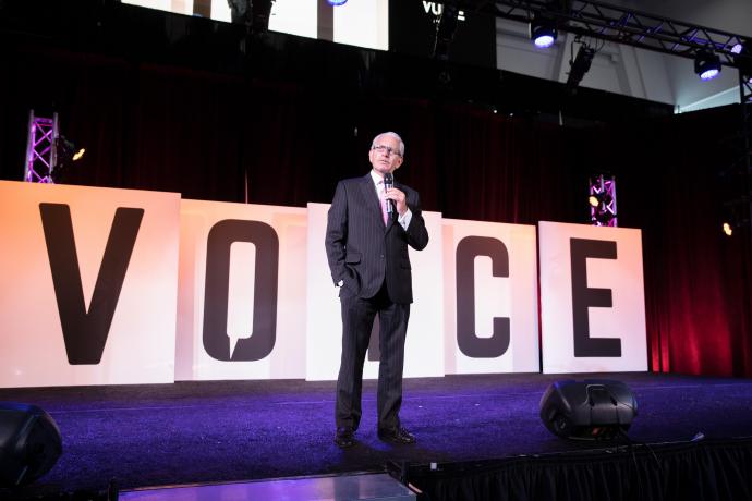 President Bloom speaks during the opening keynotes of VOICE Summit