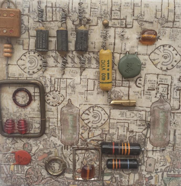 Artwork made from electronic components. It is called "This Too Shall Pass" by Diane Savona.