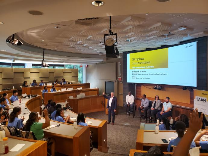 Robert Cohen, chair of NJIT’s Board of Trustees and executive at Stryker, addressed the students on how STEM professionals at Stryker are improving lives through innovation.
