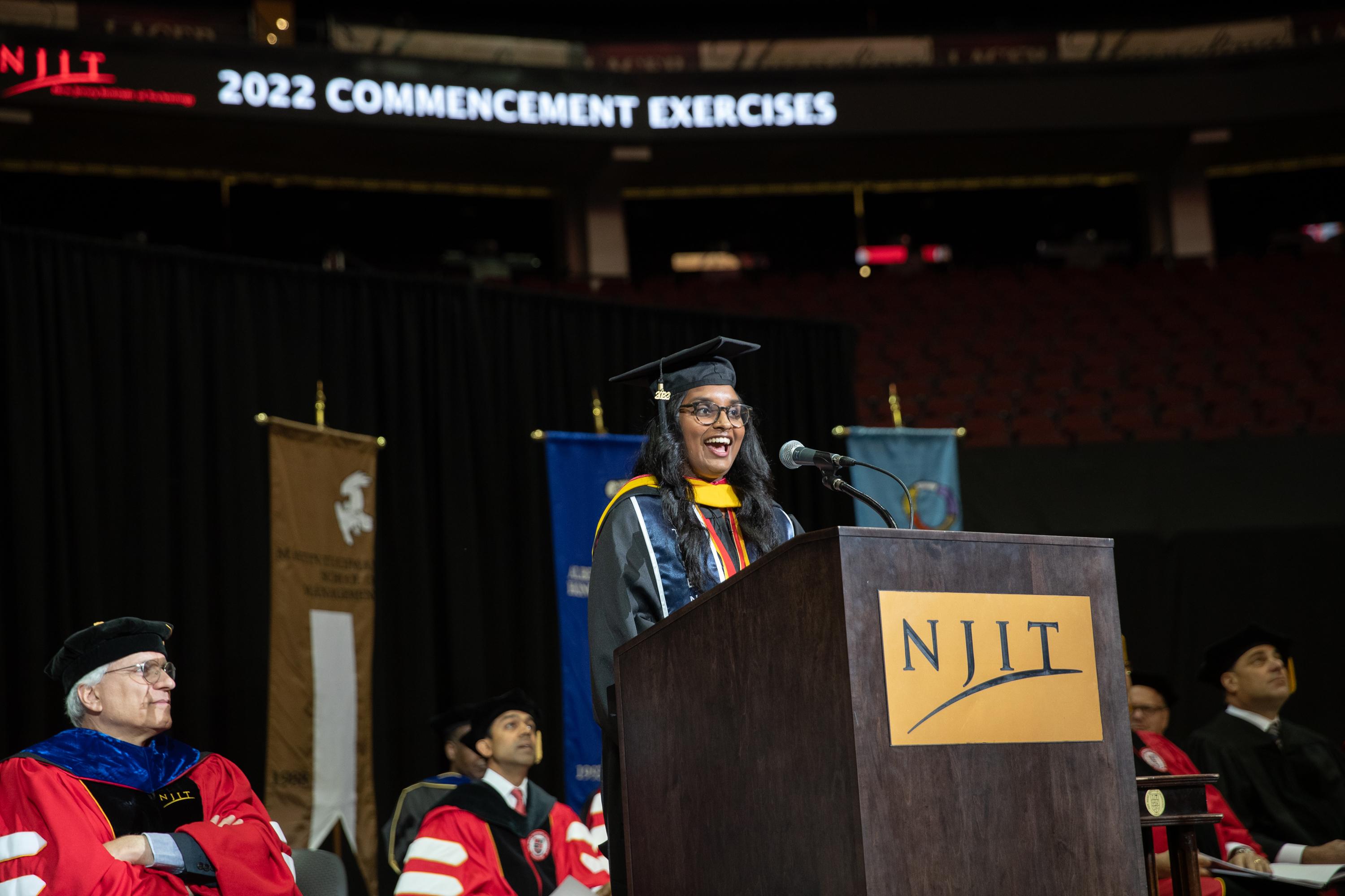 Student speaker Anuja Badeti studied computer science and led the Student Senate.