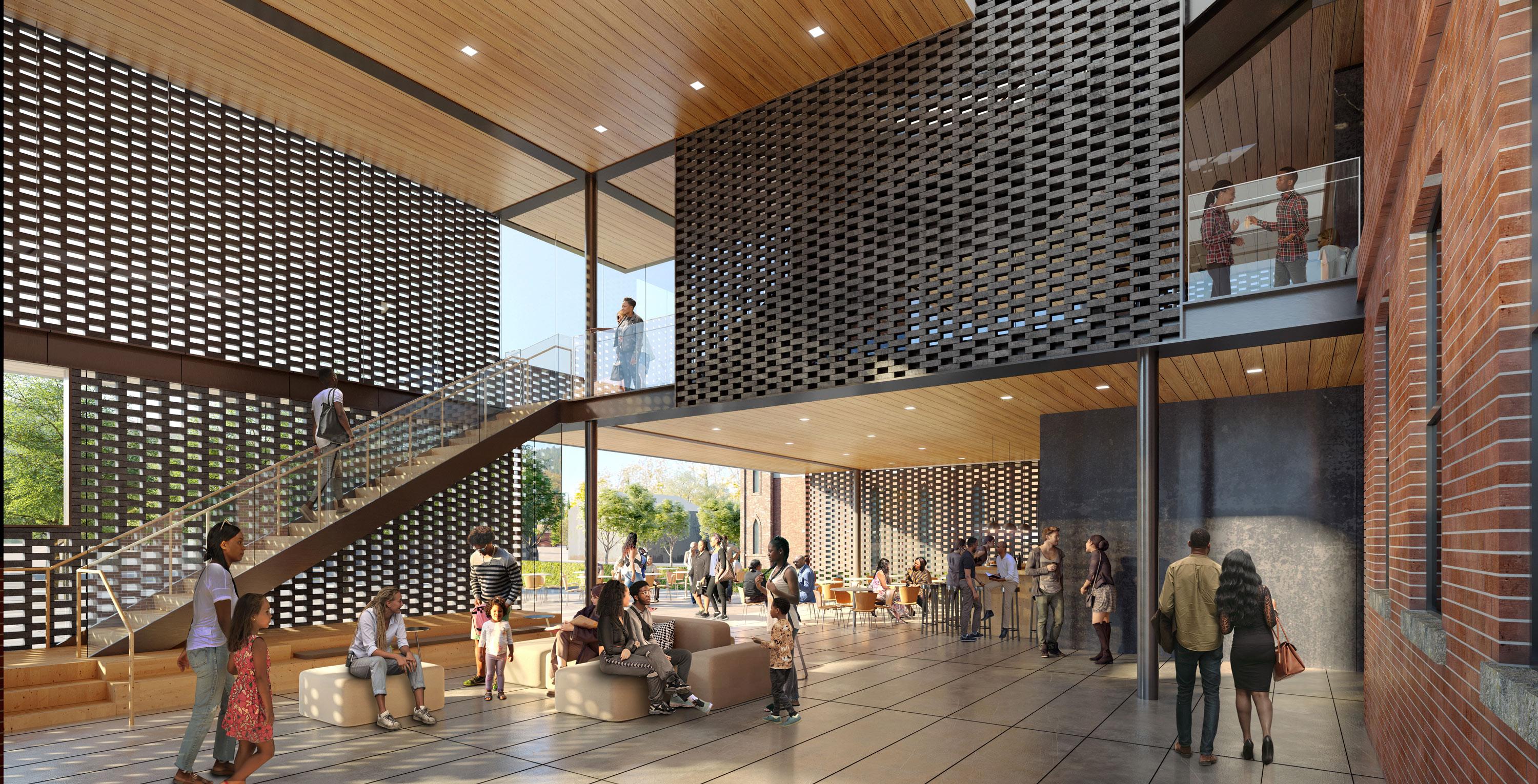 Renderings show an art gallery and cafe inside the addition. 