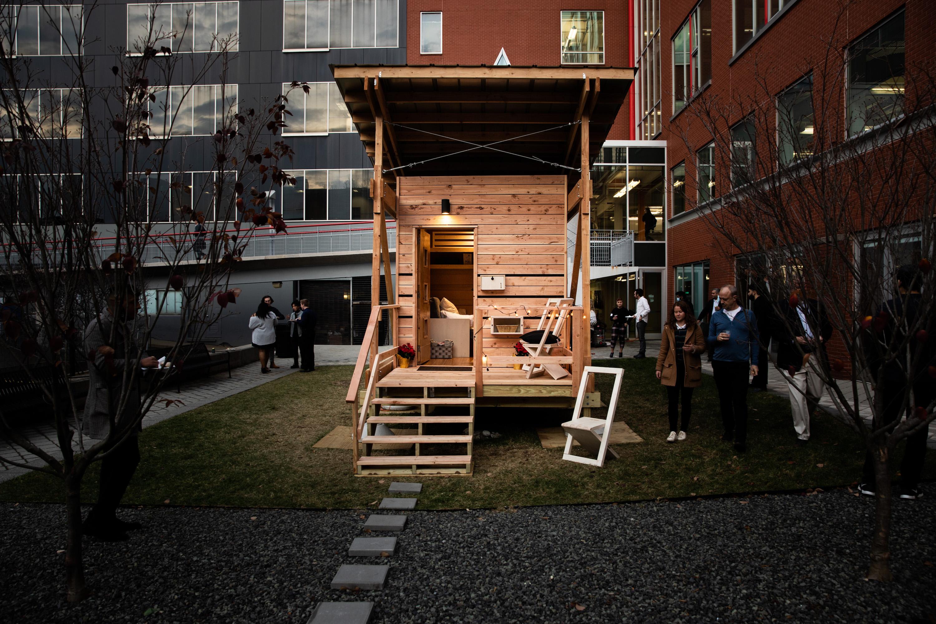 The project was designed and built on NJIT’s campus and is located next to the Weston Hall Gallery on the Green near the intersection of MLK Blvd. and Warren St. 