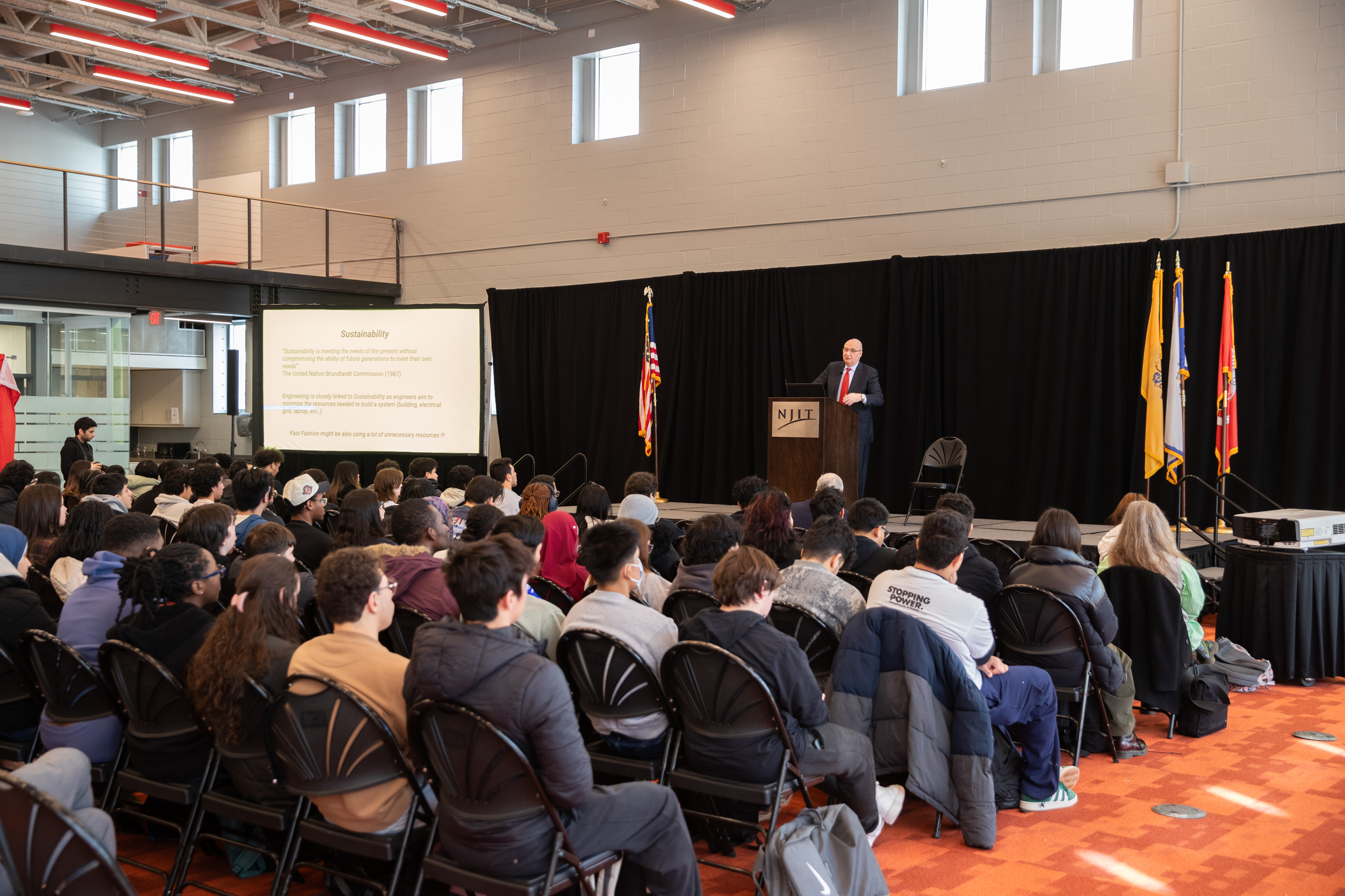 Speaker Michel Boufadel addresses engineering students at the kickoff sustainability seminar on Feb. 26.