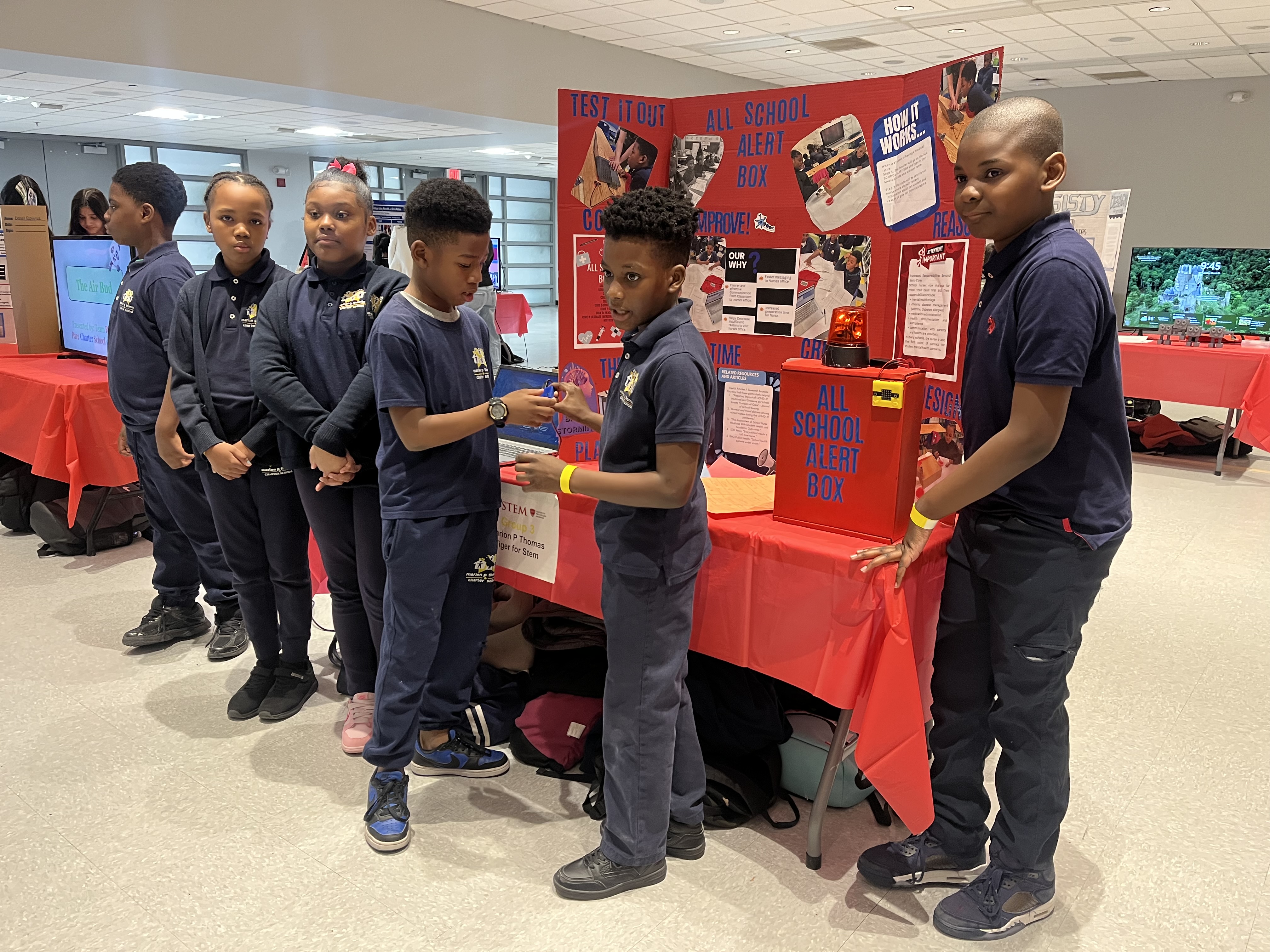The "All School Alert Box" project, presented by the "Tiger for STEM" team from Marion P. Thomas Charter School in Newark.