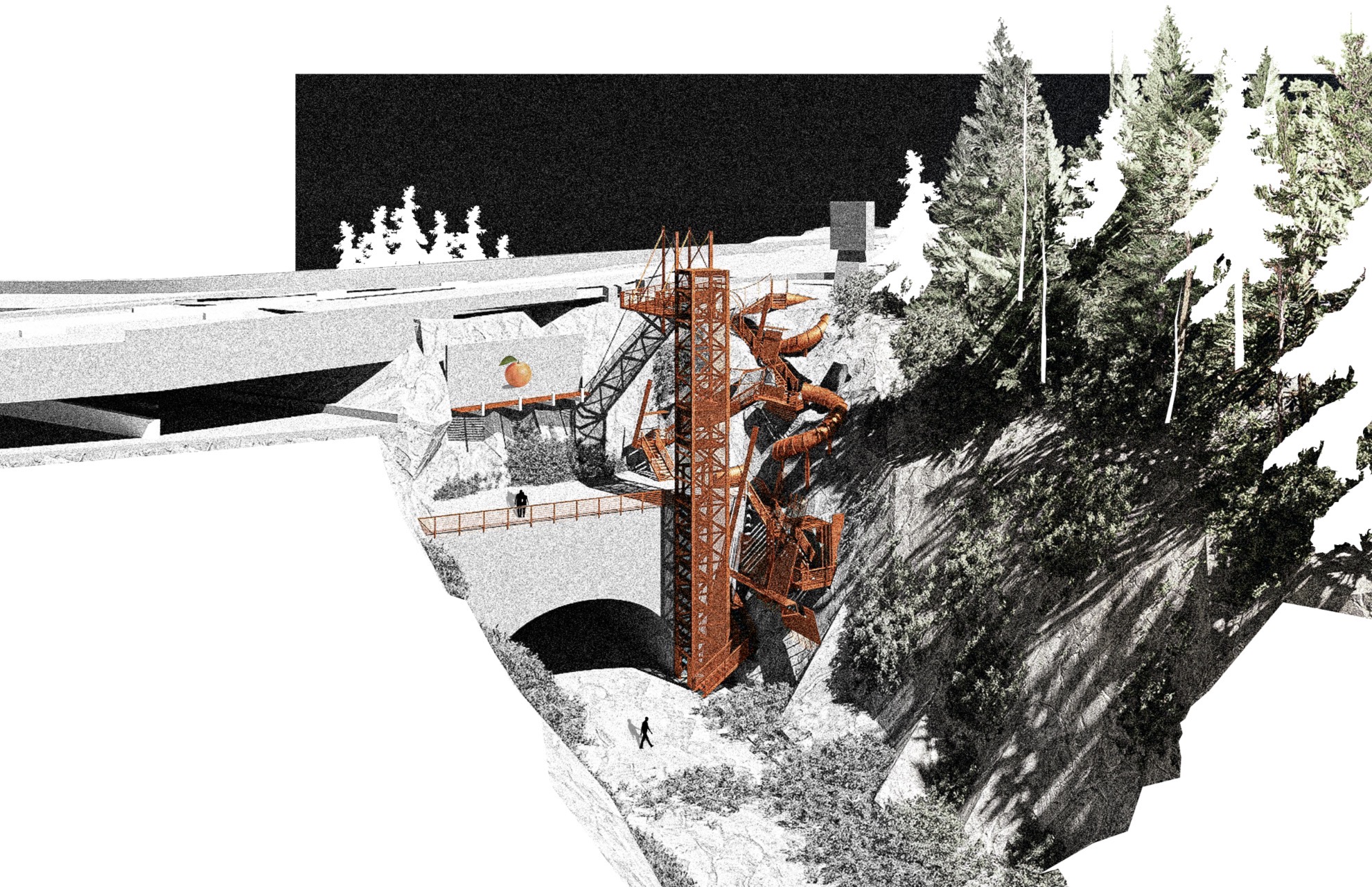 Rendering of structual access from street to Bergen Arches ground level