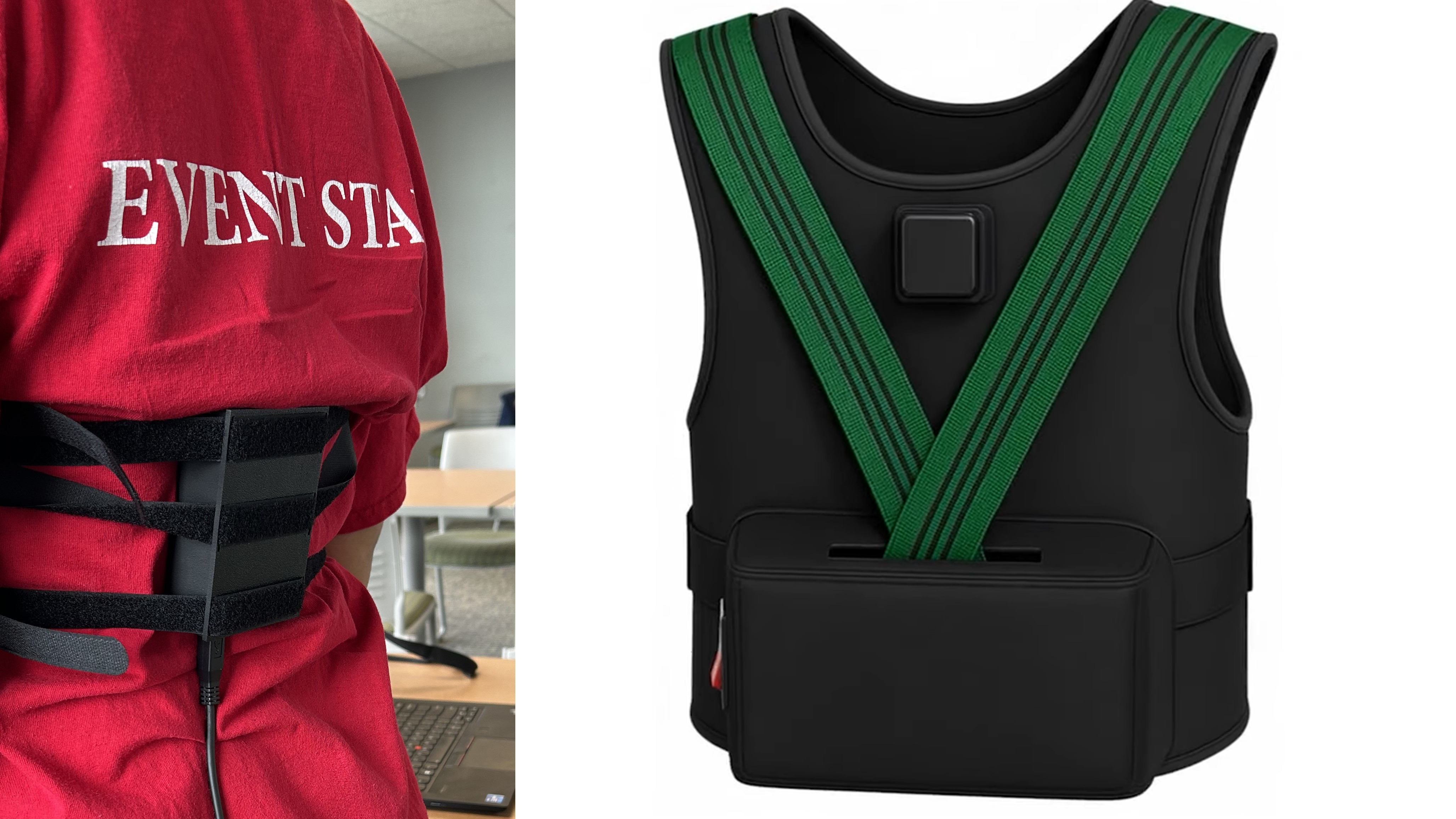 Two wearable devices that Poudel developed while at NJIT, which monitor balance (left) and correct posture (right).