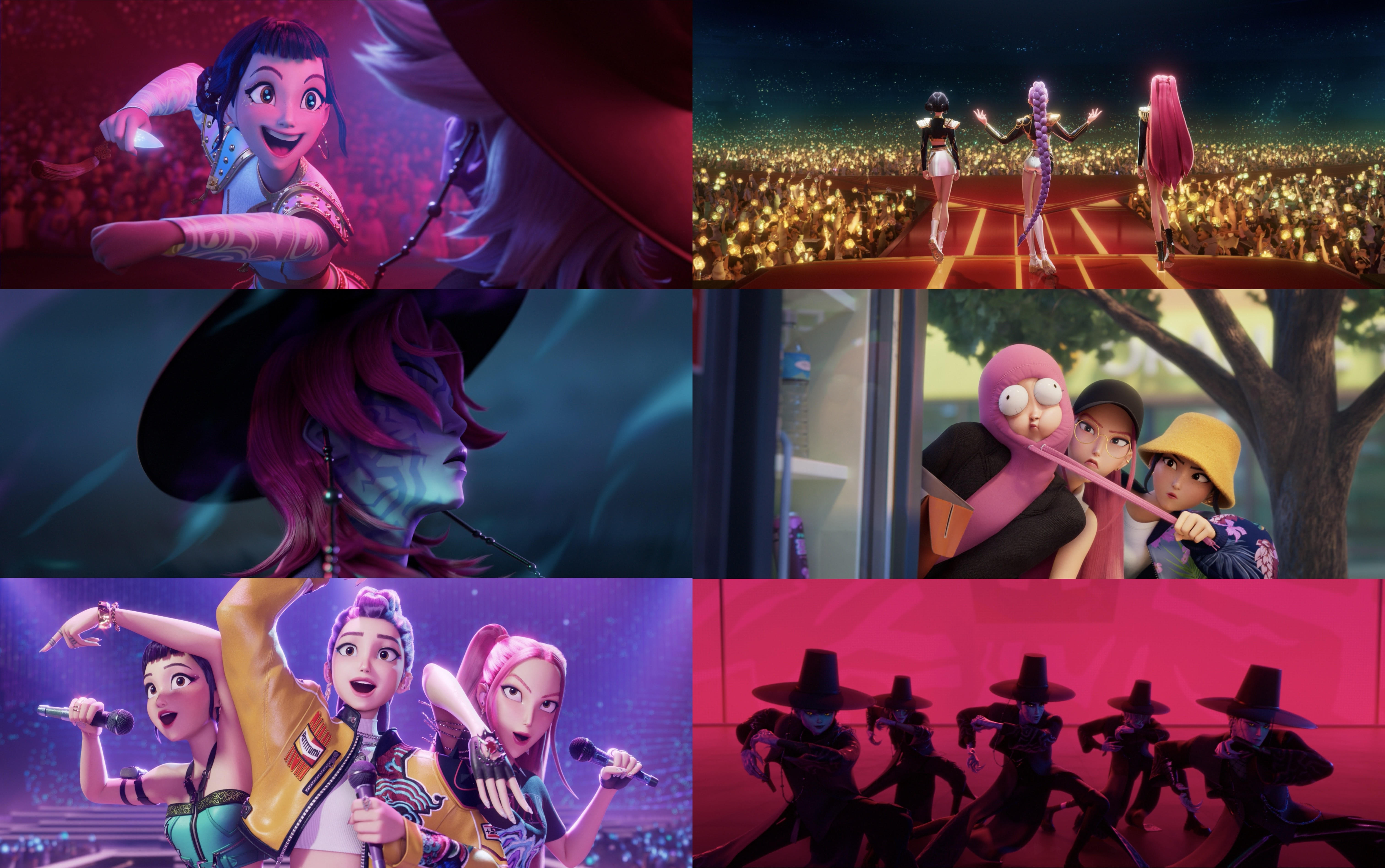 Frames from KPop Demon Hunters (2025). Kaylin Wittmeyer worked on these shots as a character effects (CFX) artist. Photo courtesy of Sony Pictures Imageworks.