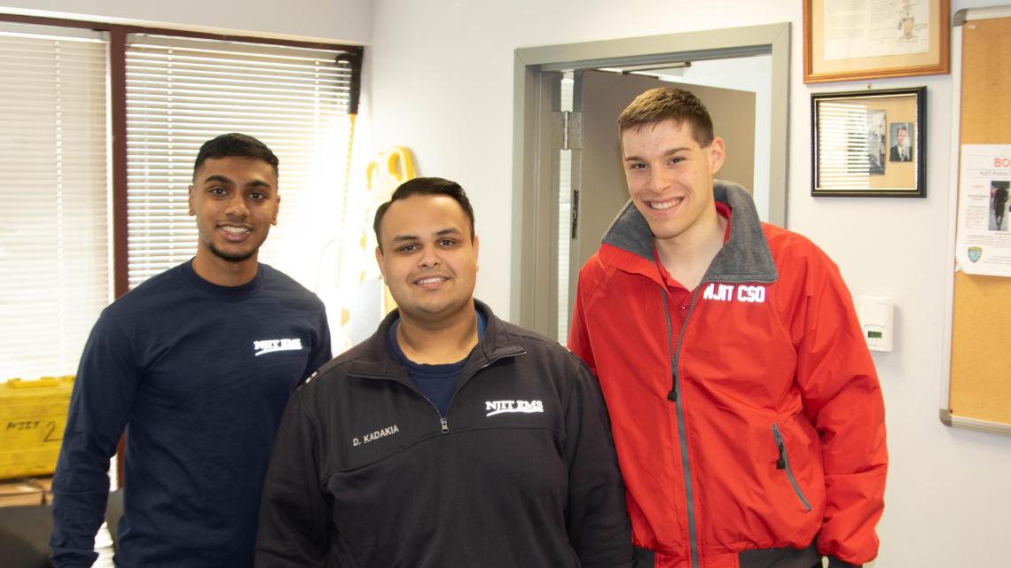 (From left) Shiva Senthilkumar, student EMT; Dhwanil Kadakia, student EMT and student captain of the First Aid and Community Service Officer Program; and Matt Rizzo, student CSO lieutenant