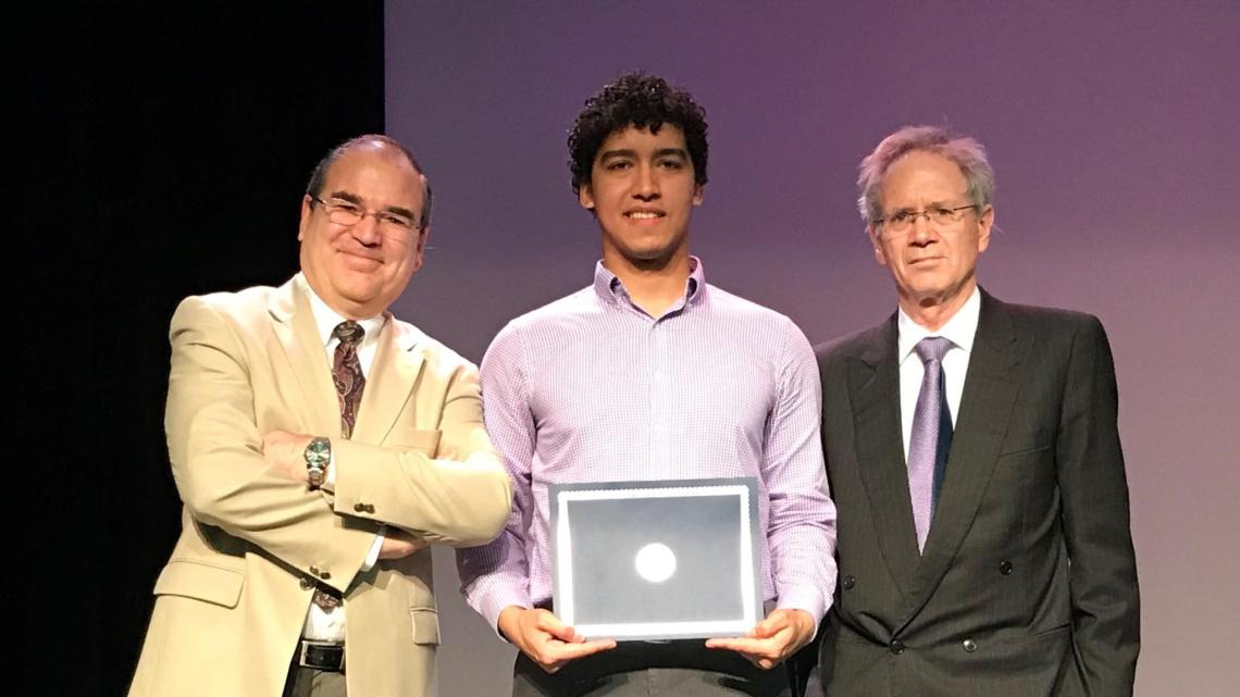(Left to right) NJIT Assistant Professor of Entrepreneurship Cesar Bandera, NJIT Honors College senior Dylan Renaud, and Kean College of Business and Public Management Dean Geofrey Mills 
