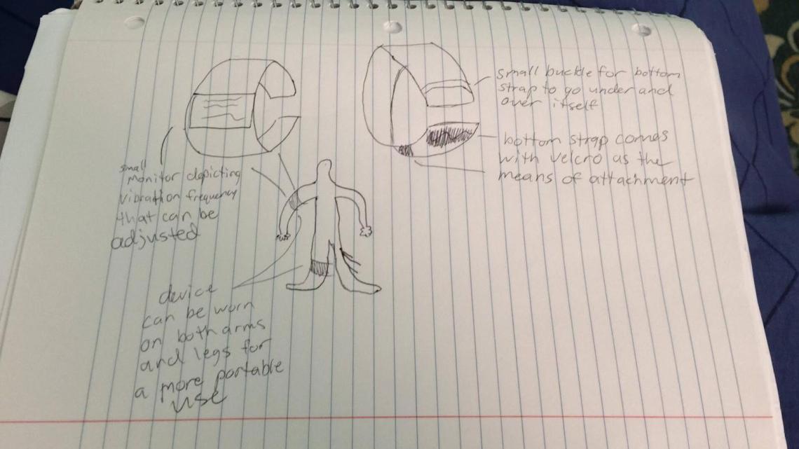 A rough drawing of the GoodVibe Medical device, designed by NJIT students Kaila Trawitzki and Mert Nacir. 