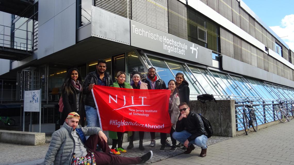 The study-abroad group from Martin Tuchman School of Management in front of Technische Hochschule Ingolstadt University