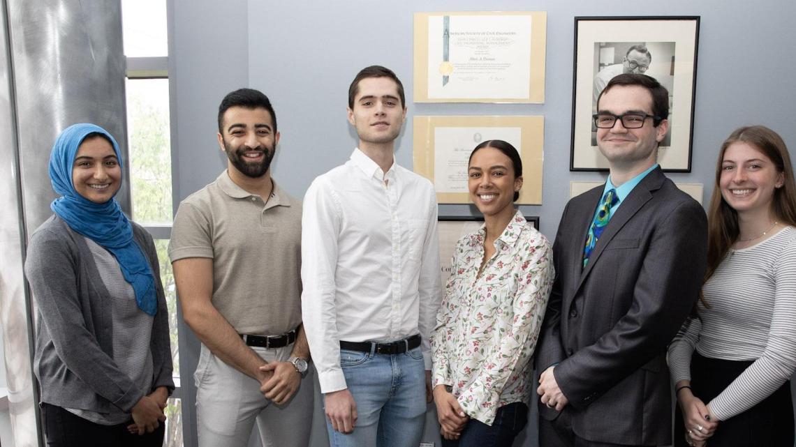 2019 scholarship and fellowship recipients (from left) Jenan Abu-Hakmeh, Samir Peshori, John Antley, Victoria Harbour, Sebastian Fine and Samantha Lomuscio