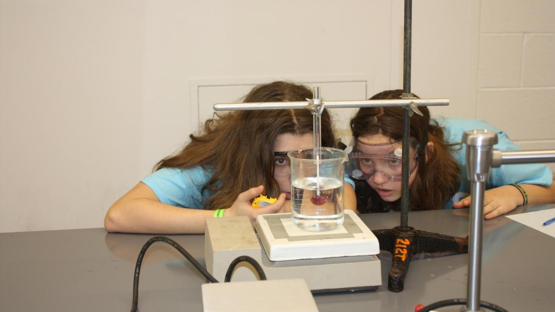 Middle schoolers observe the dissolving of a lollipop for the Olympiad's Experimental Design activity.