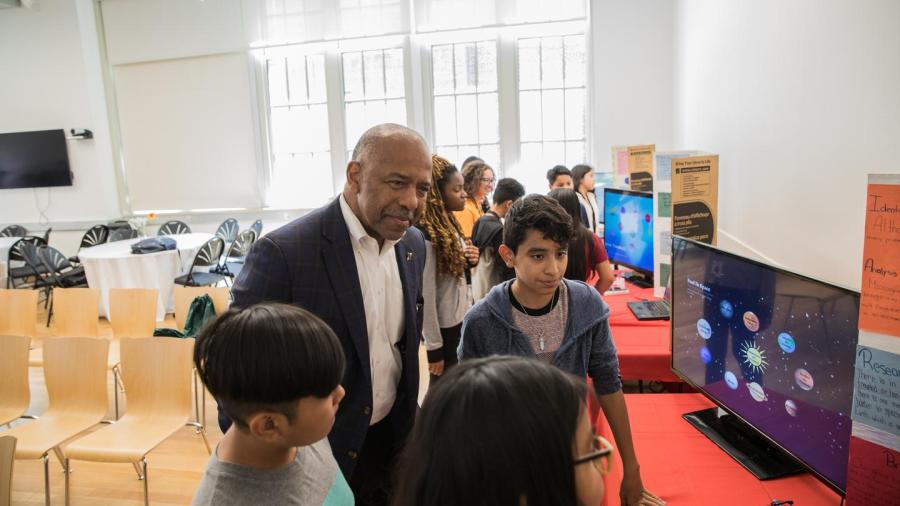 Dr. Bernard Harris and students at the 2018 Bernard Harris Summer STEM Camp.