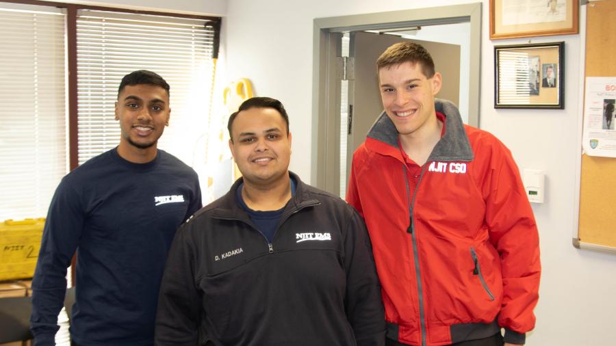 (From left) Shiva Senthilkumar, student EMT; Dhwanil Kadakia, student EMT and student captain of the First Aid and Community Service Officer Program; and Matt Rizzo, student CSO lieutenant