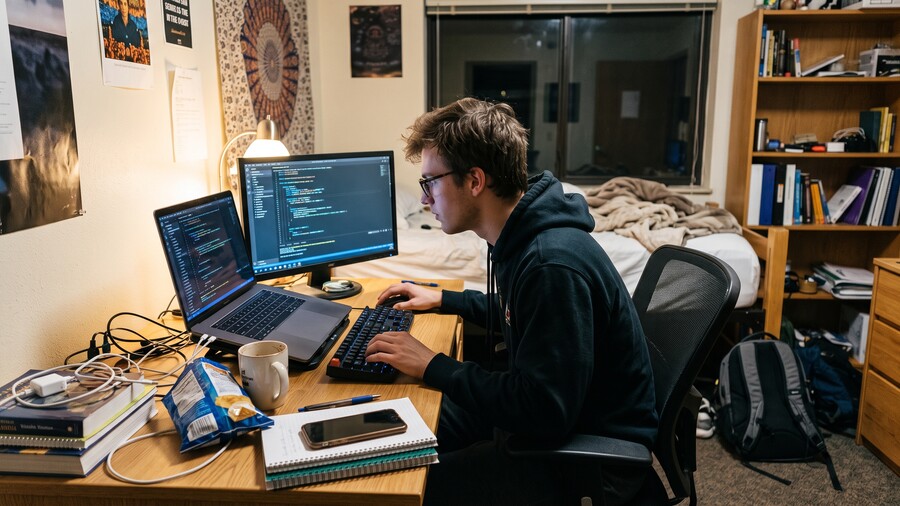 Imagine of a college student coding, by Google Gemini