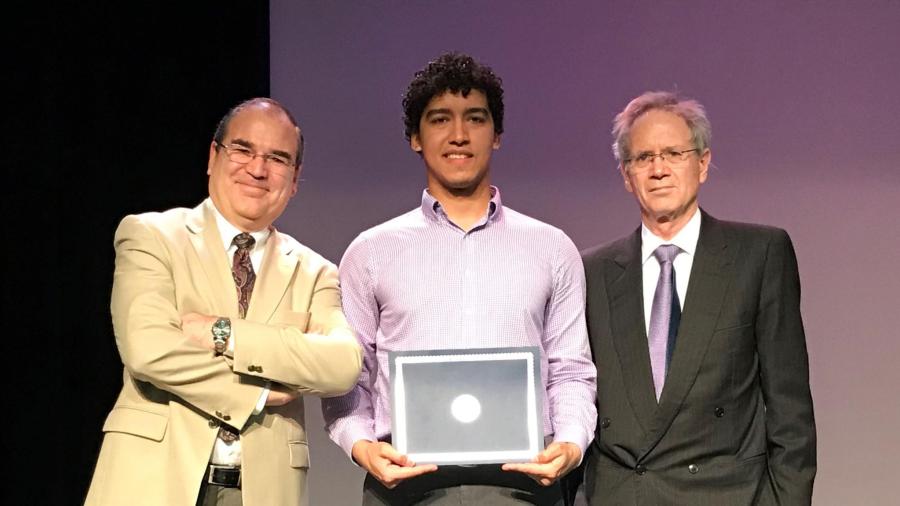 (Left to right) NJIT Assistant Professor of Entrepreneurship Cesar Bandera, NJIT Honors College senior Dylan Renaud, and Kean College of Business and Public Management Dean Geofrey Mills 