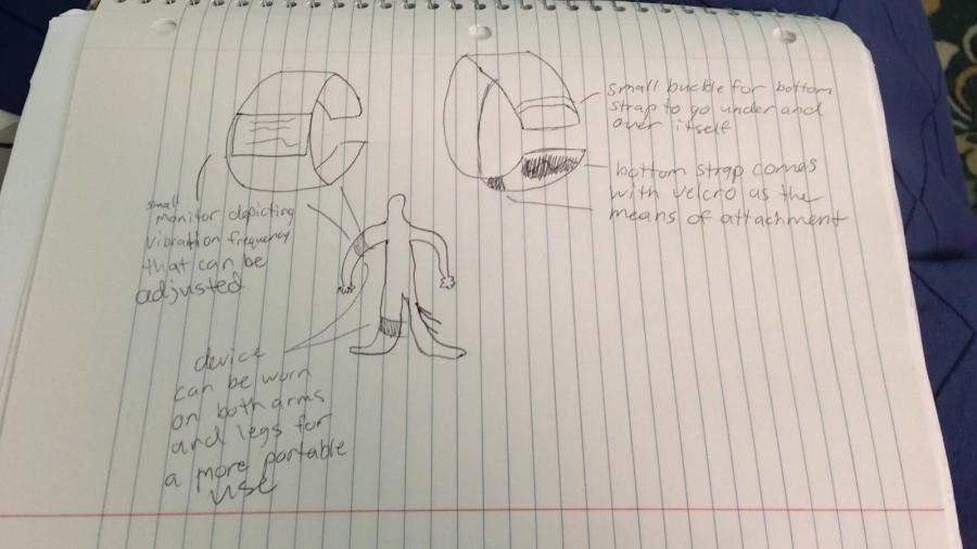A rough drawing of the GoodVibe Medical device, designed by NJIT students Kaila Trawitzki and Mert Nacir. 