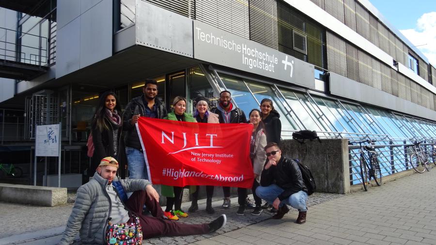 The study-abroad group from Martin Tuchman School of Management in front of Technische Hochschule Ingolstadt University