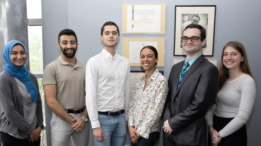 2019 scholarship and fellowship recipients (from left) Jenan Abu-Hakmeh, Samir Peshori, John Antley, Victoria Harbour, Sebastian Fine and Samantha Lomuscio