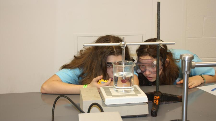 Middle schoolers observe the dissolving of a lollipop for the Olympiad's Experimental Design activity.