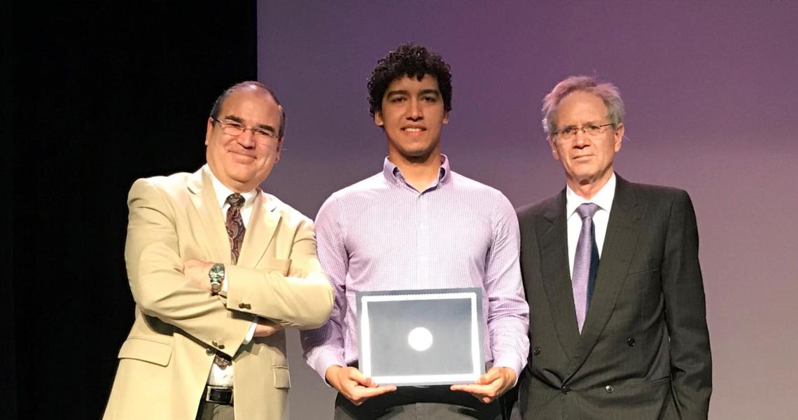 (Left to right) NJIT Assistant Professor of Entrepreneurship Cesar Bandera, NJIT Honors College senior Dylan Renaud, and Kean College of Business and Public Management Dean Geofrey Mills 