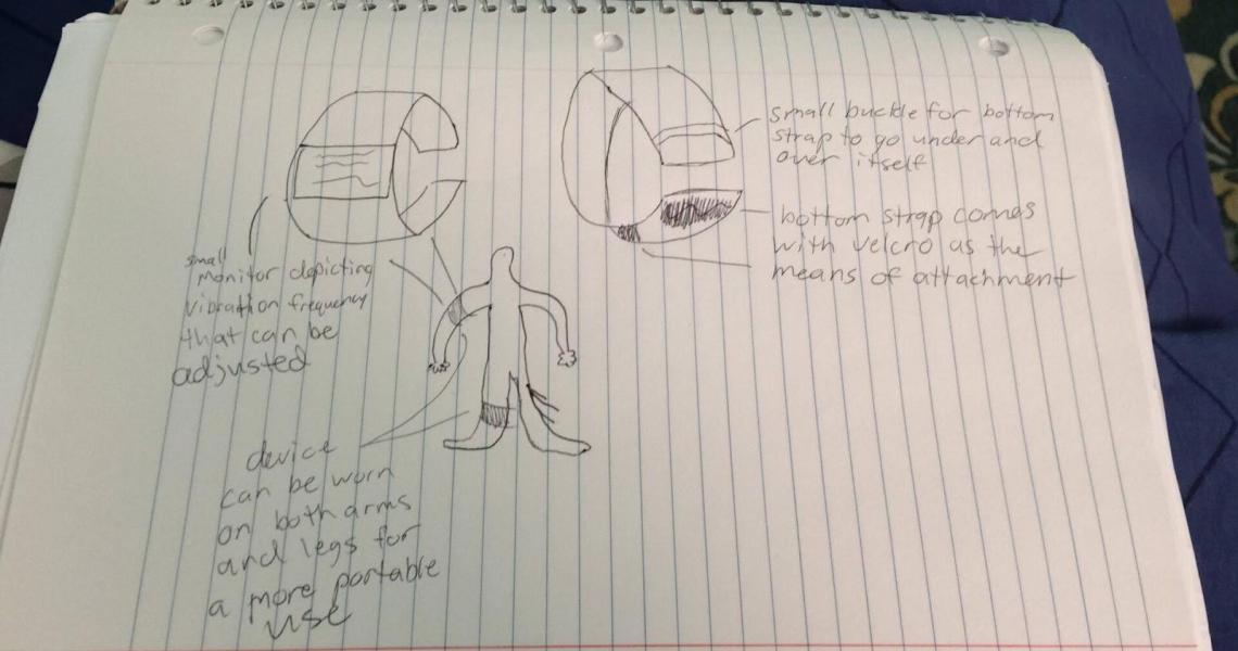 A rough drawing of the GoodVibe Medical device, designed by NJIT students Kaila Trawitzki and Mert Nacir. 