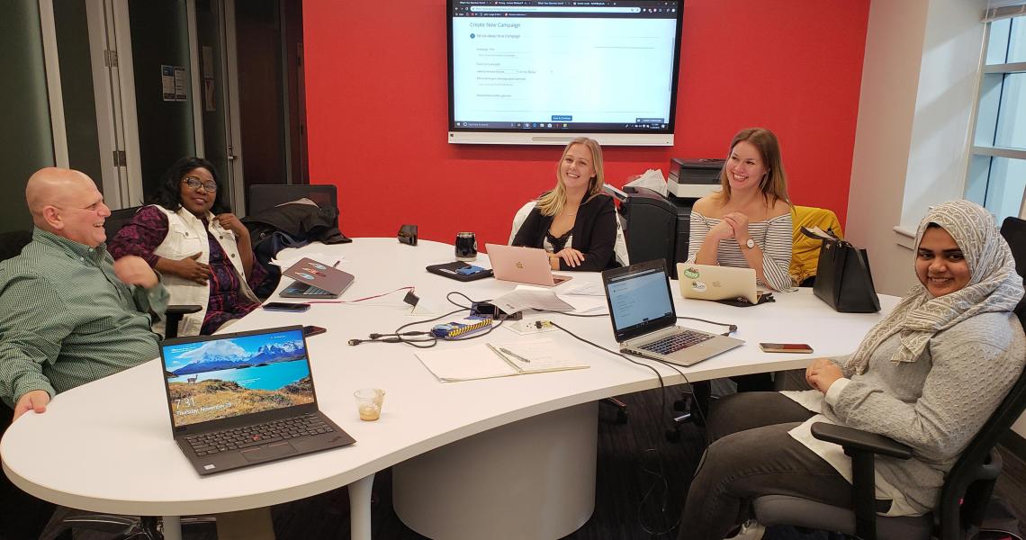 Entrepreneurial Strategy students James Colonias and Rita Tabe (left), and Hana Sherza (far right), helped Cuckoo Workout’s Linda Kuula and Veera Lehmonen (third and second from right) with their company’s entrance into the U.S. market. 