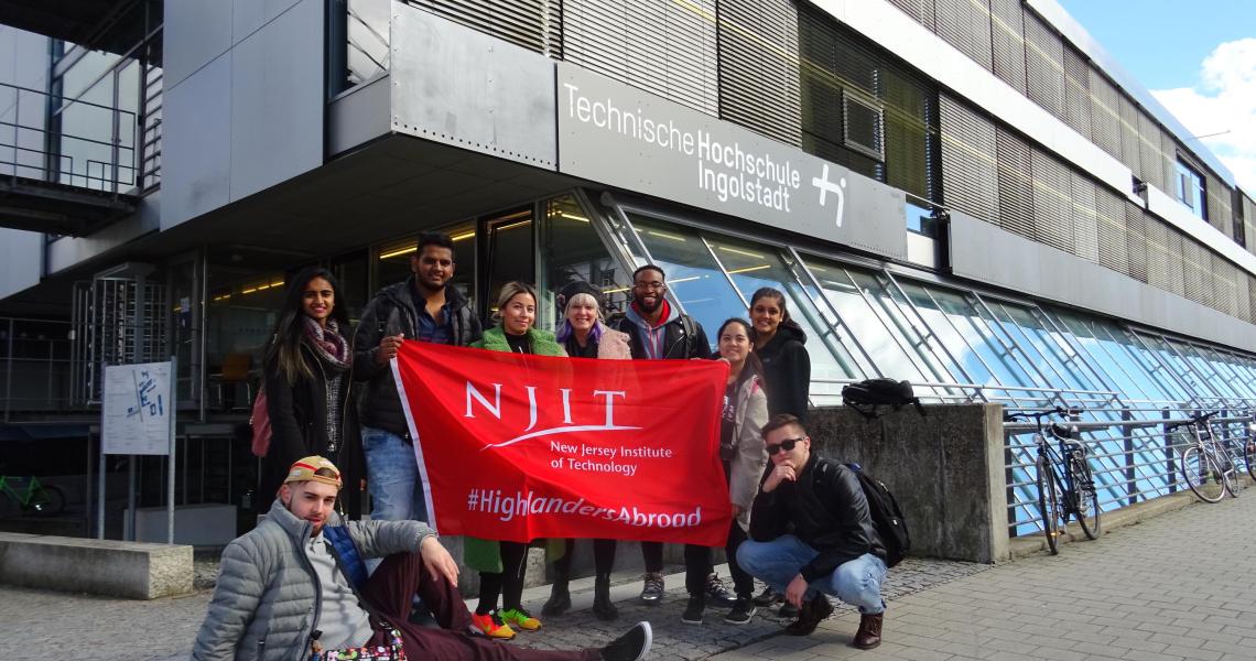 The study-abroad group from Martin Tuchman School of Management in front of Technische Hochschule Ingolstadt University
