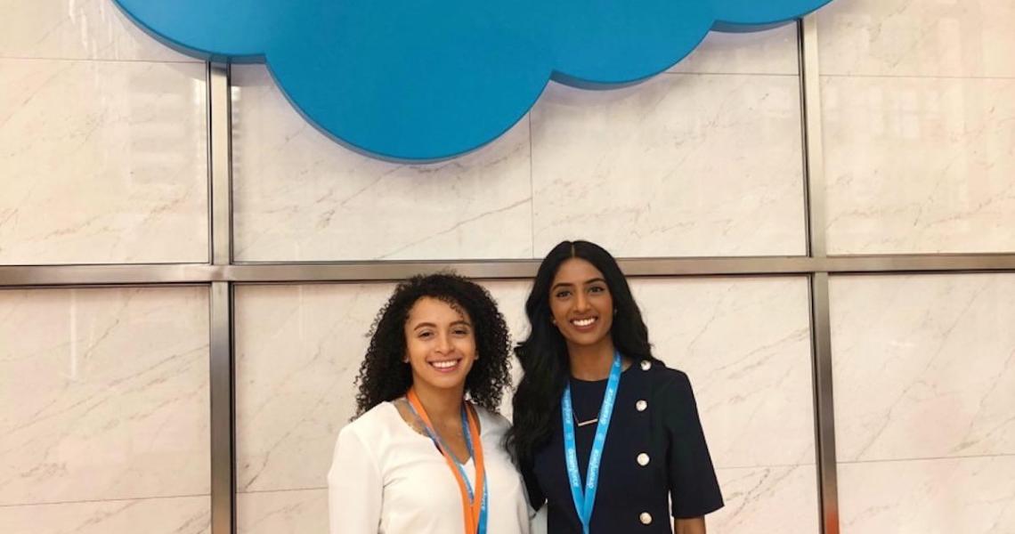 MTSM students Shravanthi Budhi (right) and Rosa Moss (left) join Salesforce at its 2018 Dreamforce conference.