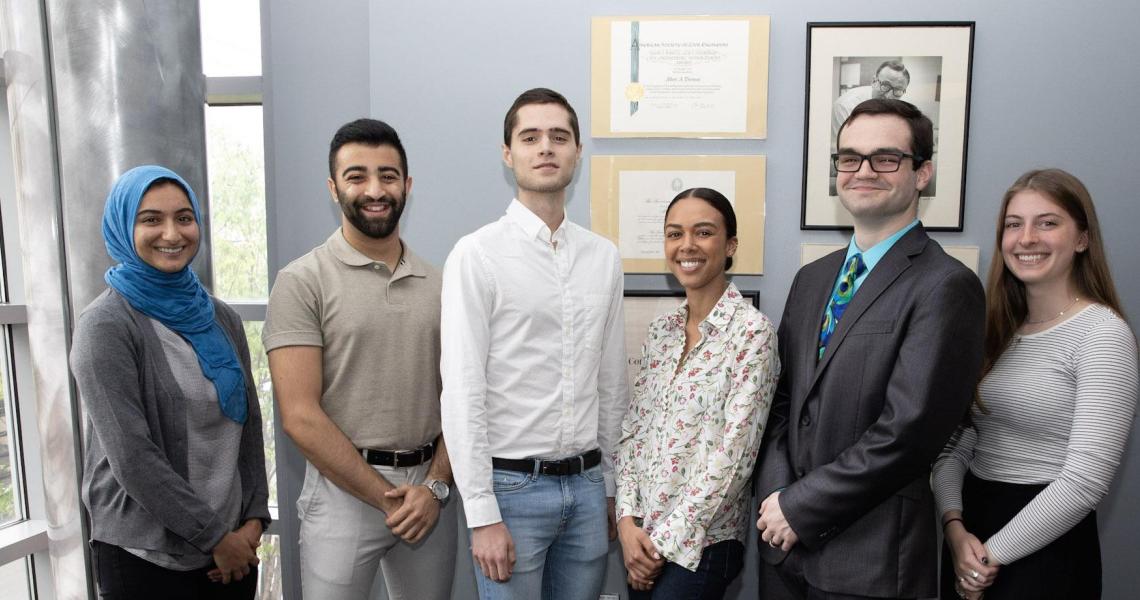 2019 scholarship and fellowship recipients (from left) Jenan Abu-Hakmeh, Samir Peshori, John Antley, Victoria Harbour, Sebastian Fine and Samantha Lomuscio