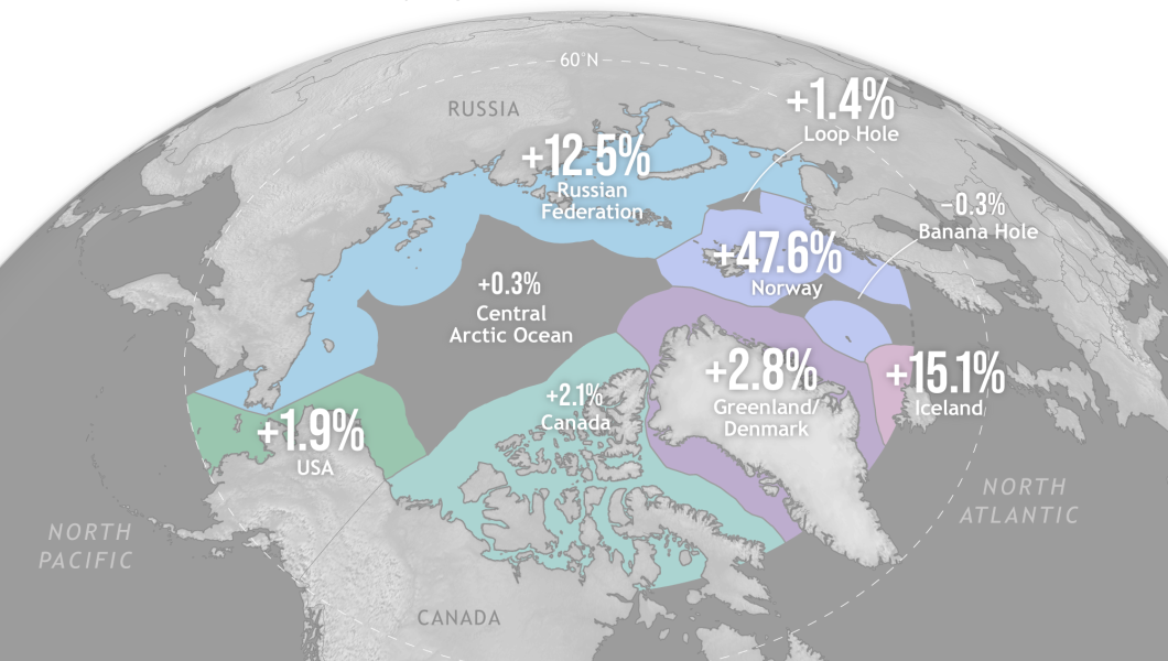 NOAA map showing increases in Arctic shipping travel over a 10 year period