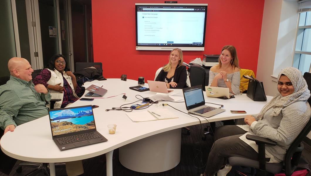 Entrepreneurial Strategy students James Colonias and Rita Tabe (left), and Hana Sherza (far right), helped Cuckoo Workout’s Linda Kuula and Veera Lehmonen (third and second from right) with their company’s entrance into the U.S. market. 