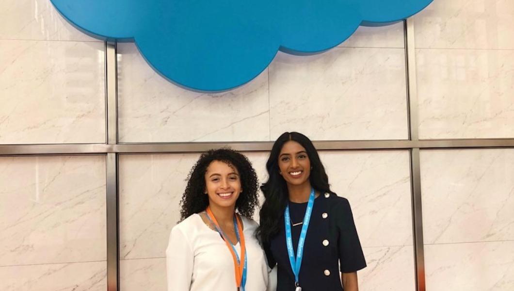 MTSM students Shravanthi Budhi (right) and Rosa Moss (left) join Salesforce at its 2018 Dreamforce conference.