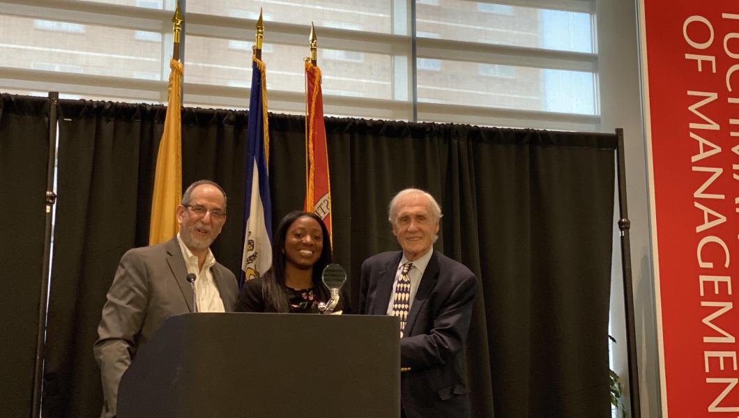 New Business Model Competition winner LeShannon Wright (center), with Michael Ehrlich (left), co-director of the New Jersey Innovation Acceleration Center, and Thomas Ungerland, vice president of the Charles Edison Fund