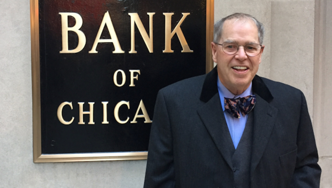 William Rapp, MTSM professor, outside the Federal Reserve Bank of Chicago, where he presented at the bank's 32nd Annual Economic Outlook Symposium