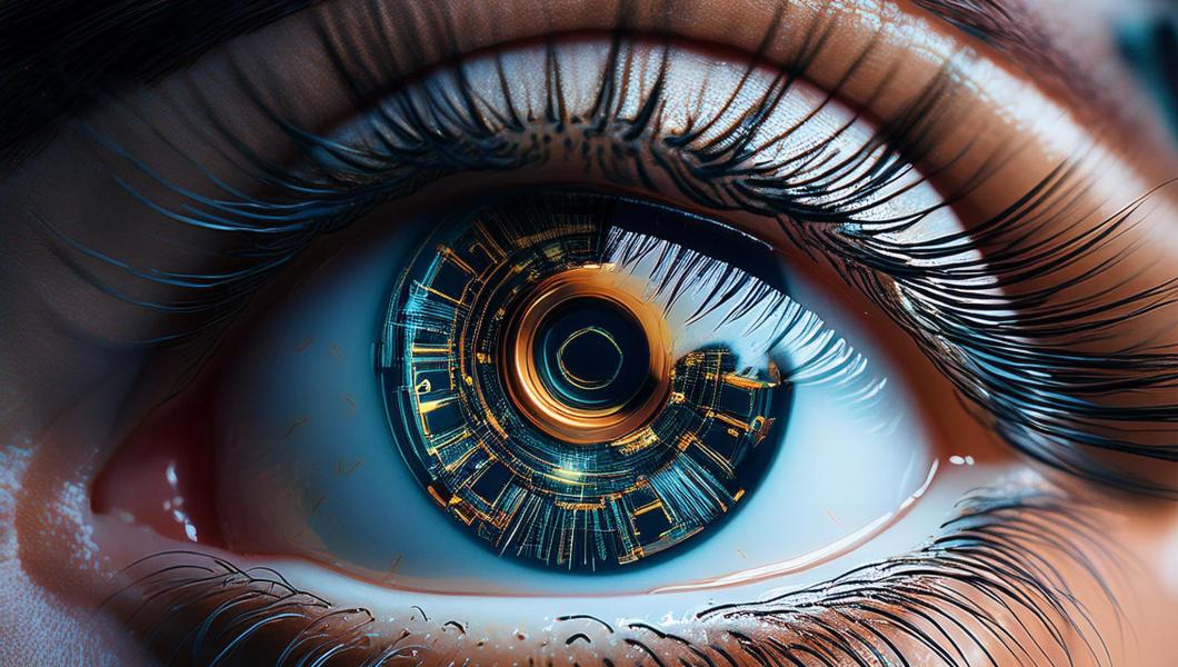 AI render of robotic eye, by Adobe Firefly