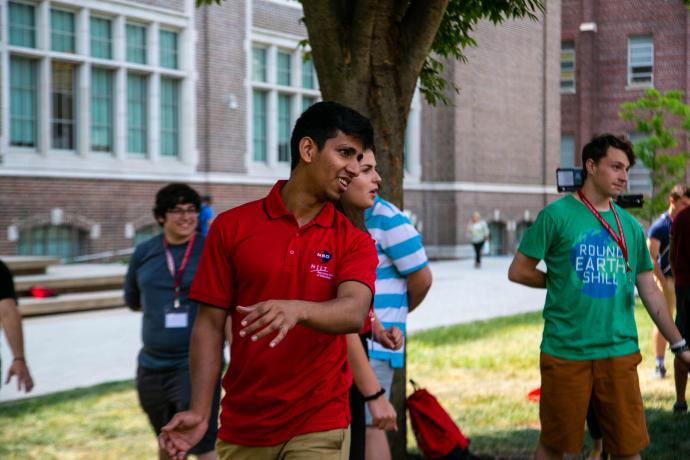 Freshman participate in icebreakers on a beautiful day on campus