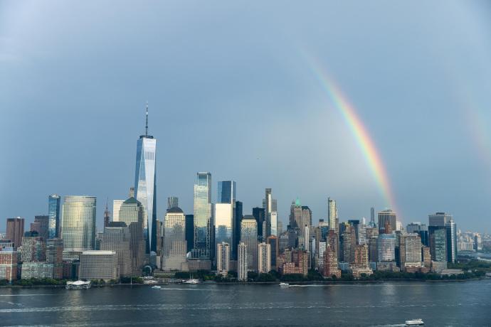 A rainbow over Manhattan, as seen from the Institute window at the ceremony